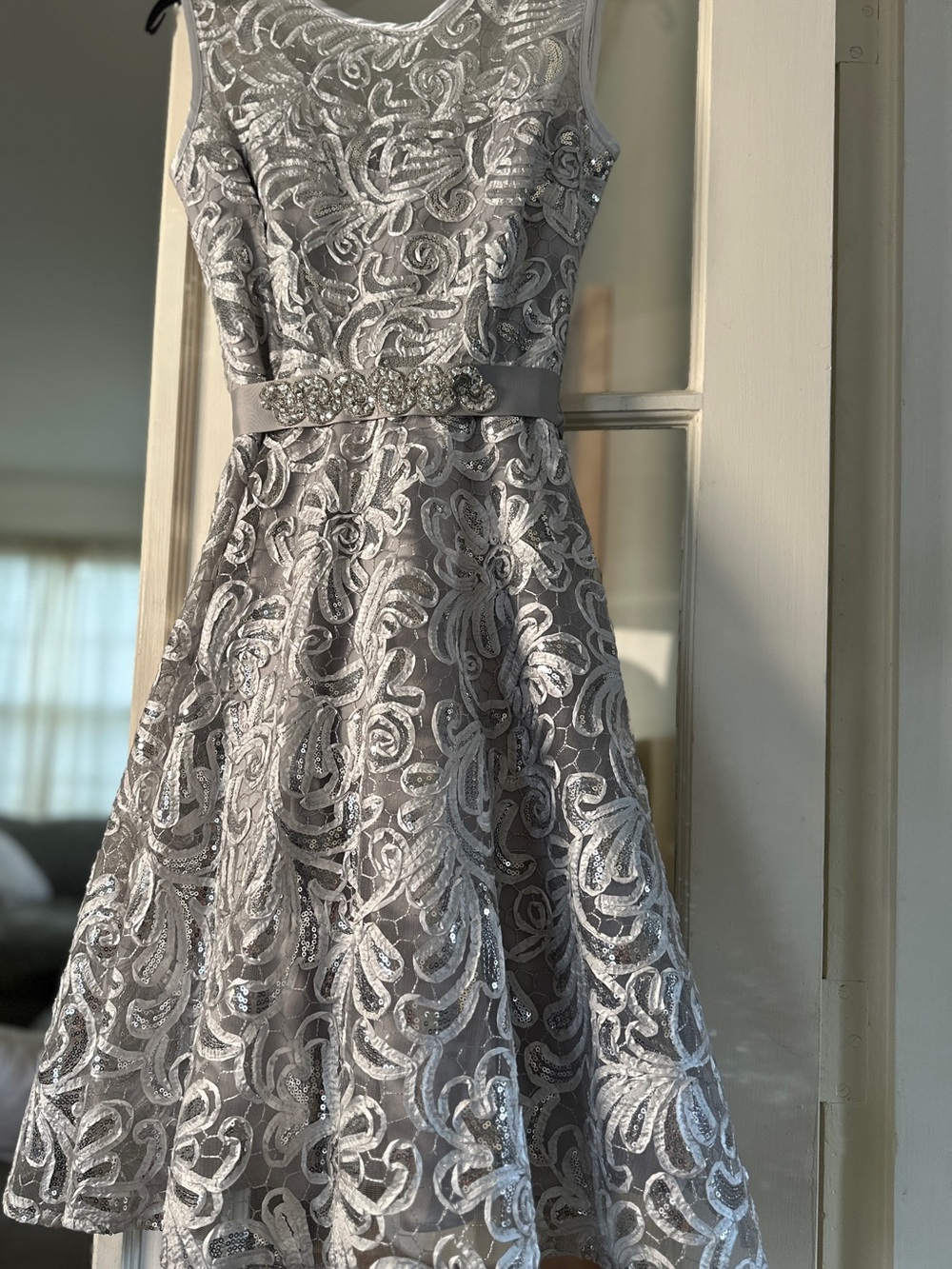 Betsy & Adam Silver Lace and Sequin Evening Dress